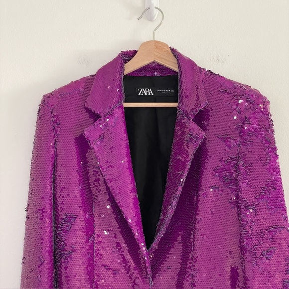 Zara Sequin Blazer Notch Lapel Oversized Jacket Purple Fuchsia XS - Picture 10 of 15